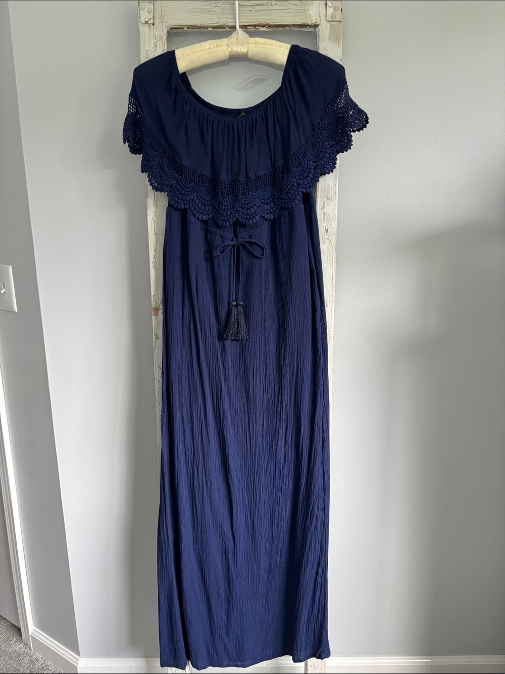 Coco + Carmen off shoulder Navy Maxi Dress with Crochet Yoke